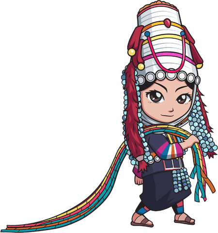 Our Akha Ma-De mascot, an Akha woman in traditional embroidered headdress