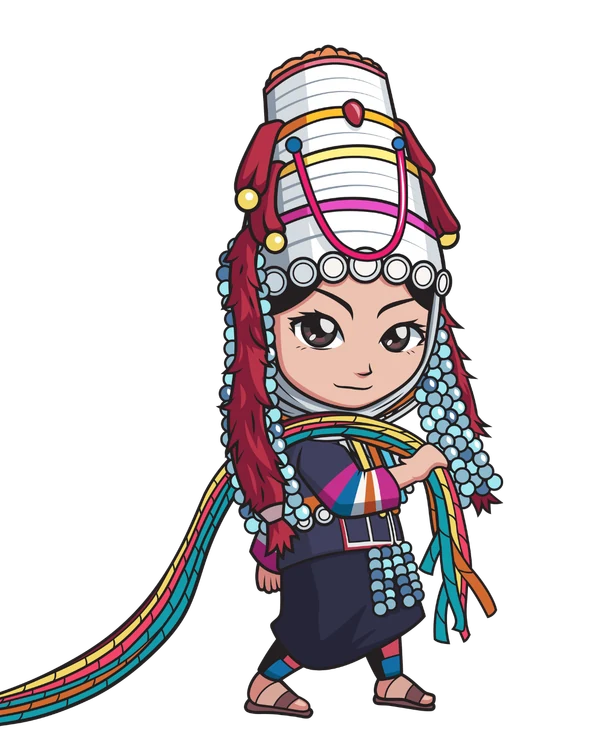 Our Akha Ma-De mascot, an Akha woman in traditional embroidered headdress