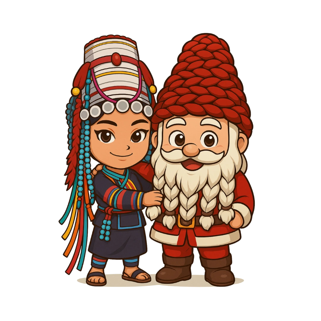 Akha woman and Santa dwarf mascot, welcoming you to Macrame by Nicha